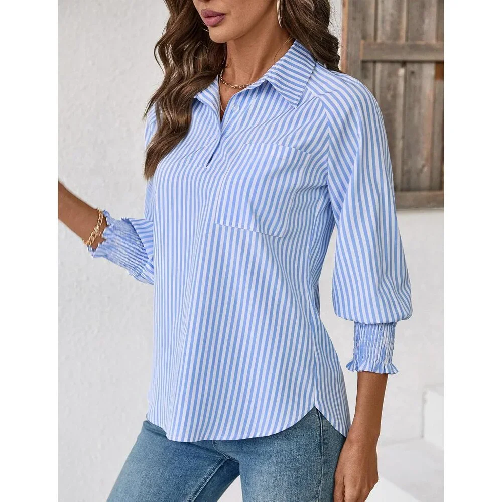 Women Blouses 3/4 Sleeve Business Shirts Smocked Cuffed Spring Dressy Casual Top - Picture 2 of 5